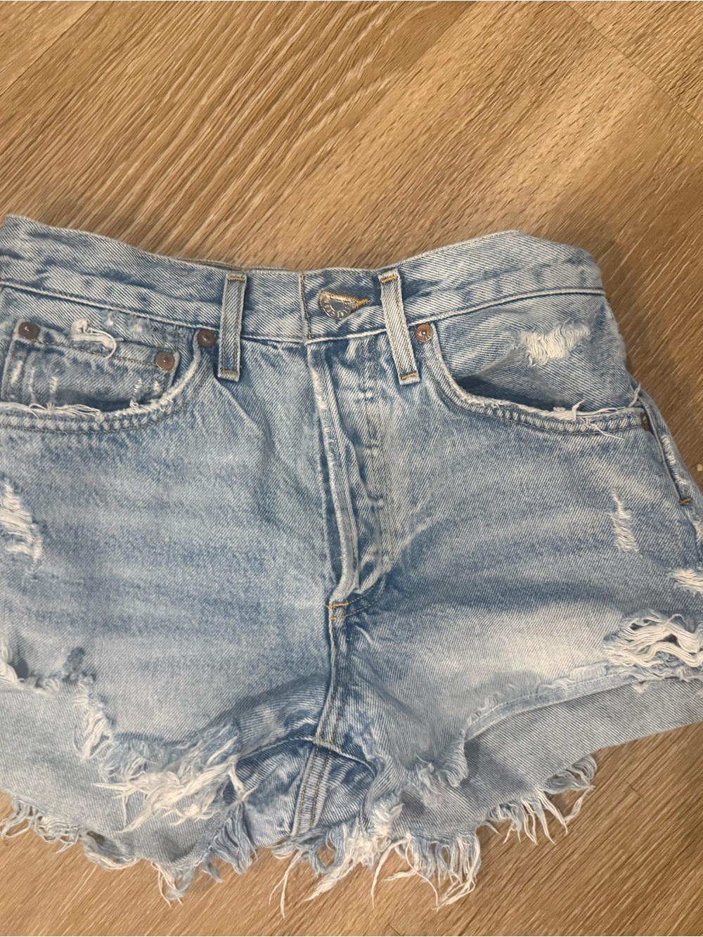 Agolde Light Wash Distressed Denim Shorts